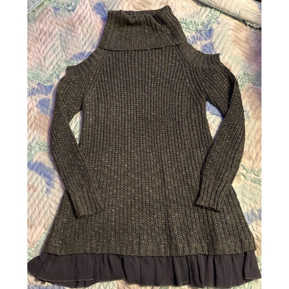 Easel Los Angeles Dark Grey Cold Shoulder Ruffle Long Turtleneck Sweater M/L